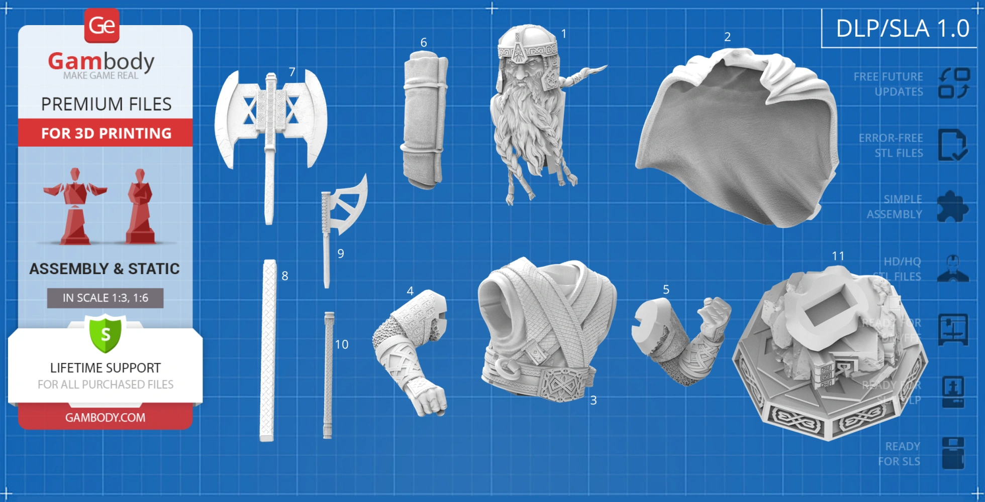 3D printable Gimli bust components: head, arms, torso, axe, cloak, and base on blueprint background.