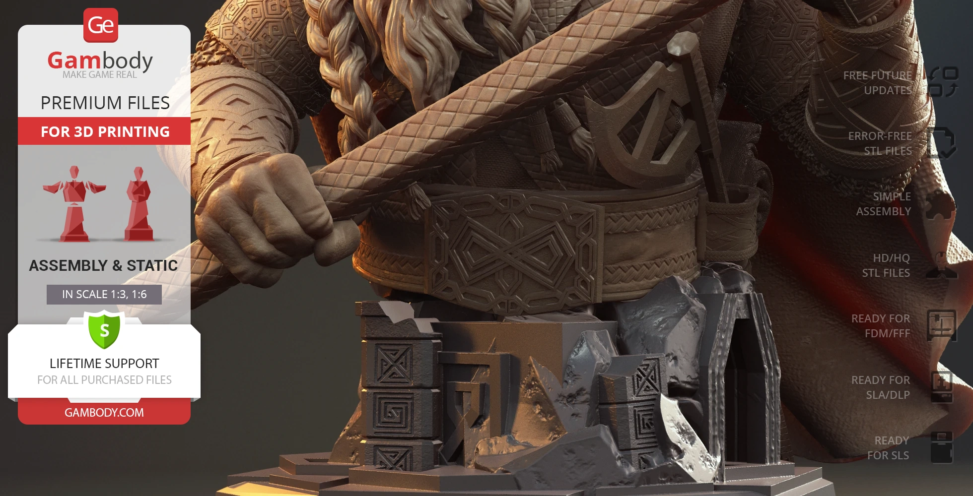 A detailed bust of a bearded warrior with intricate armor and a stone base, designed for 3D printing.