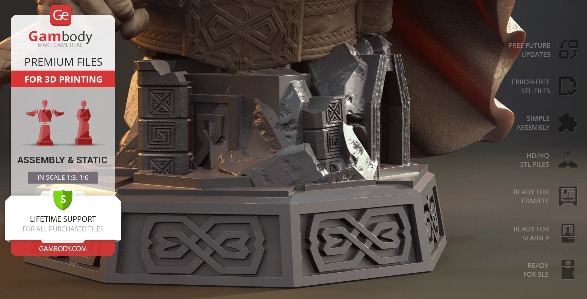 Detailed 3D printable bust of Gimli with intricate base design, focusing on craftsmanship and assembly.