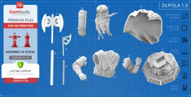 3D printable Gimli bust components: head, arms, torso, axe, cloak, and base on blueprint background.