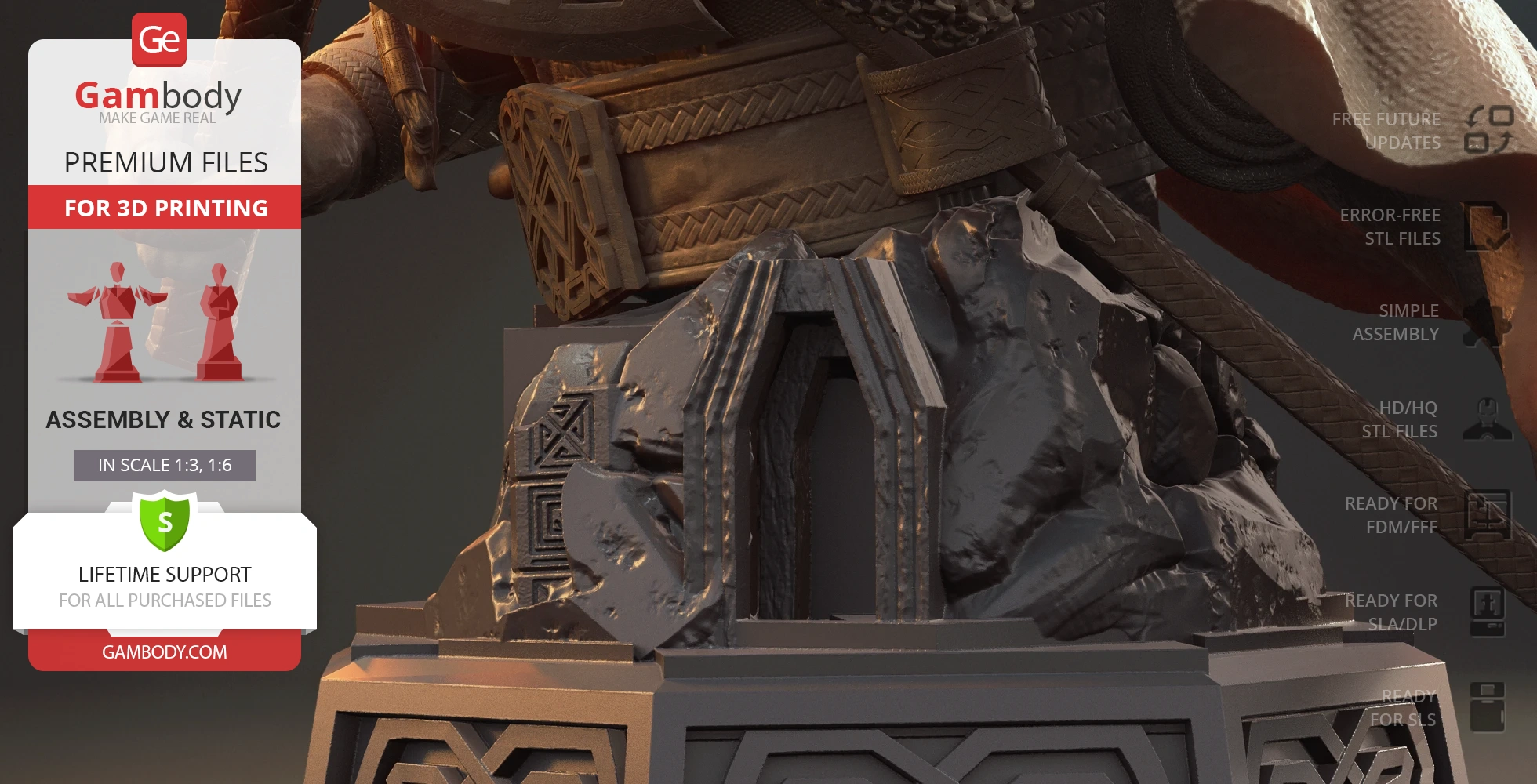 Close-up of a detailed Gimli bust 3D model base with intricate rock and belt designs.