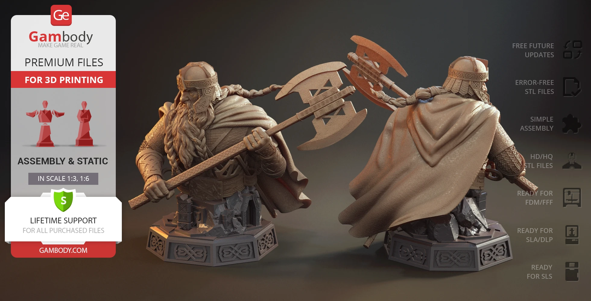 A detailed bust of a warrior holding an axe, with intricate armor and a cape, designed for 3D printing.