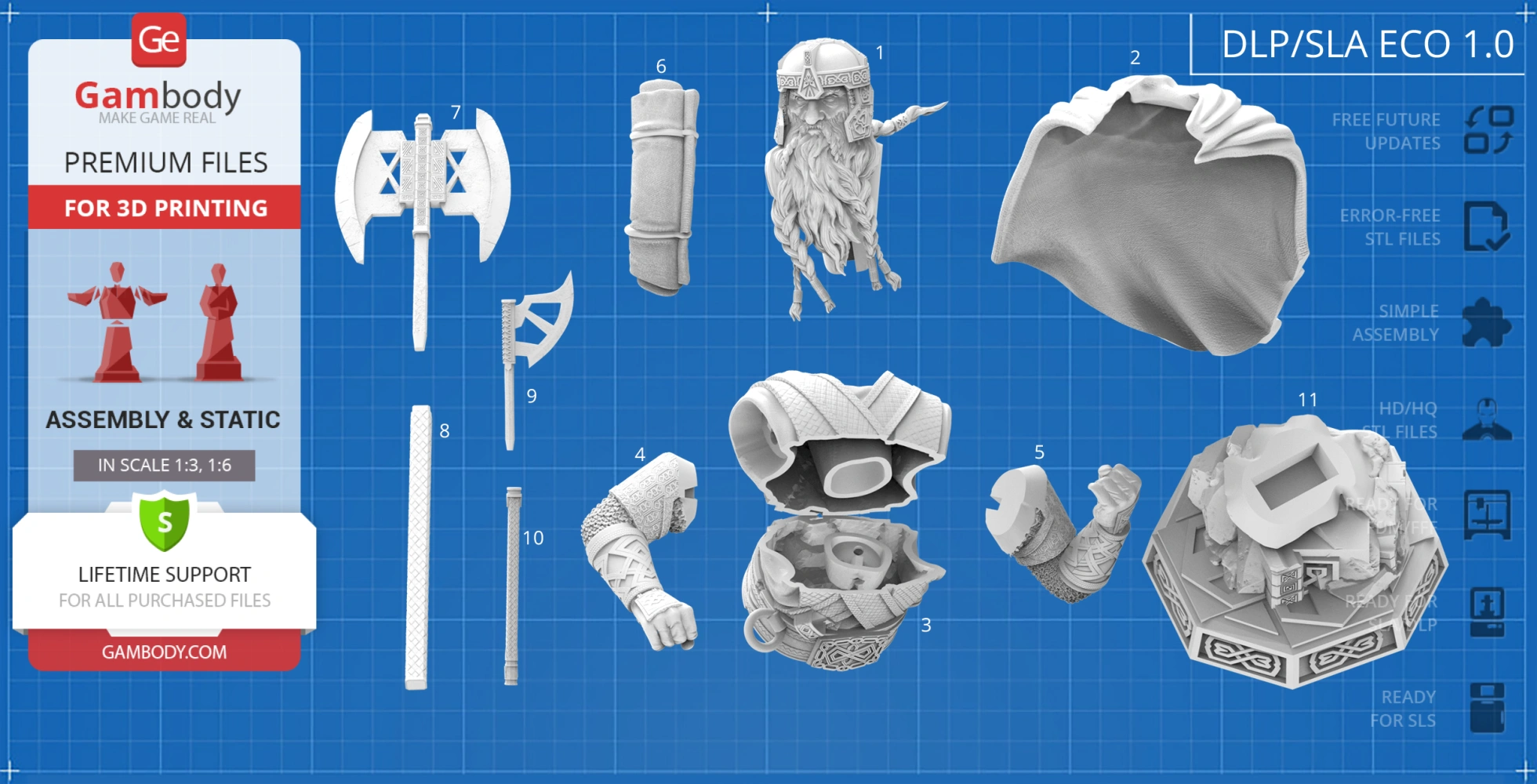 Collection of 3D-printable Gimli bust parts, including head, arms, and axes, for assembly.