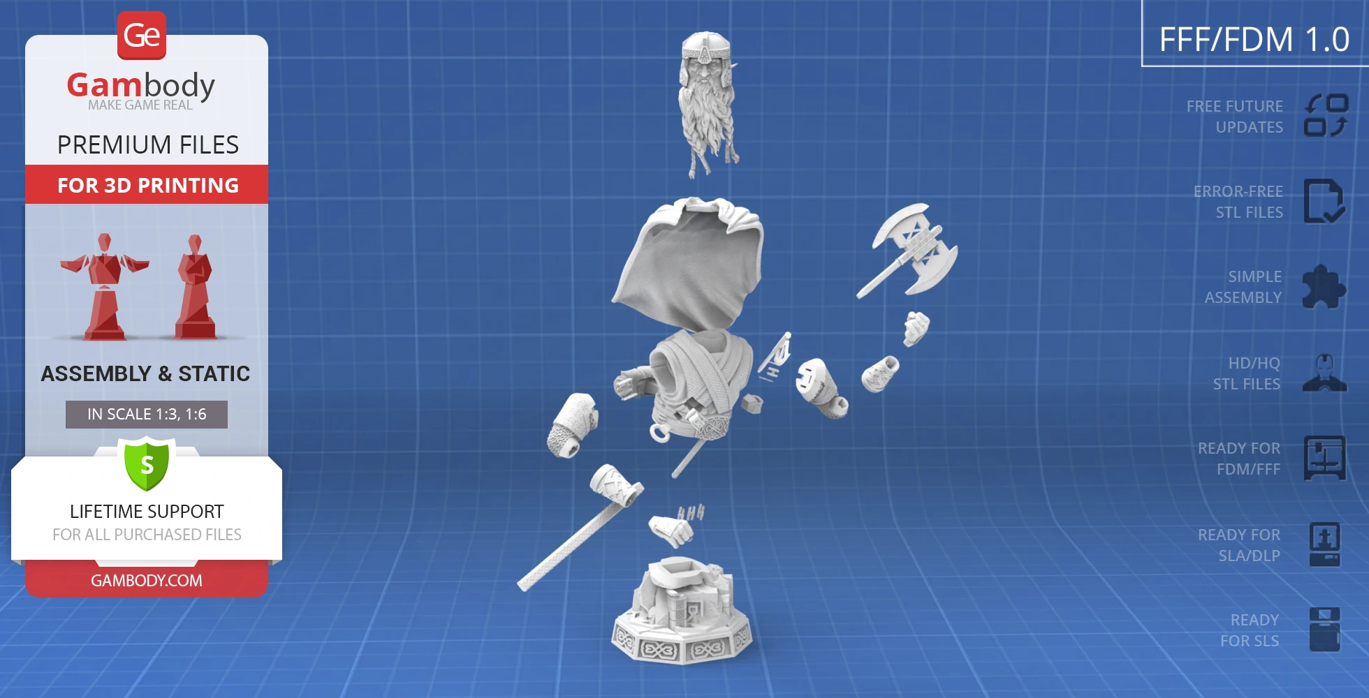 Exploded view of Gimli bust 3D model parts for printing, shown on a blue grid background.