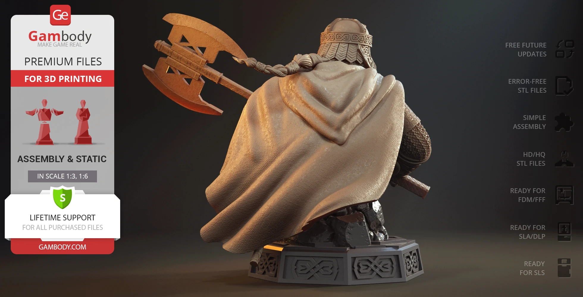 A 3D printable bust of a warrior with an axe, wearing a braided headband and a textured cloak.
