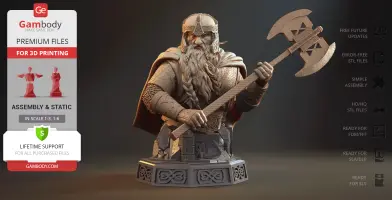 A detailed 3D bust of a bearded warrior holding a double-headed axe, ready for 3D printing.