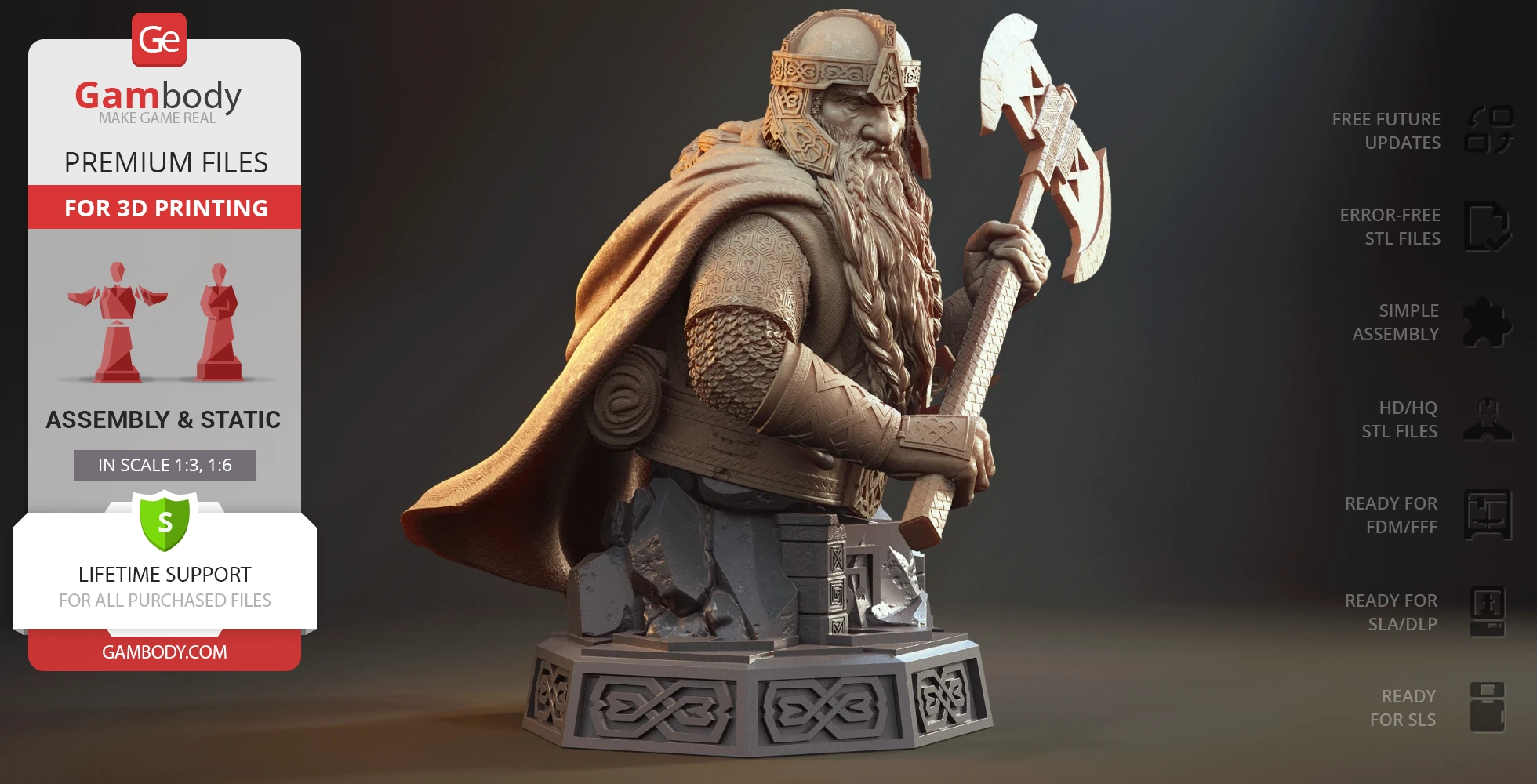 Detailed 3D bust of a bearded warrior with axe and helmet, clad in armor and cape on ornate base.