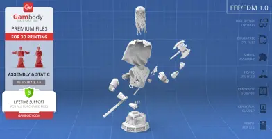 Exploded view of Gimli bust 3D model parts for printing, shown on a blue grid background.