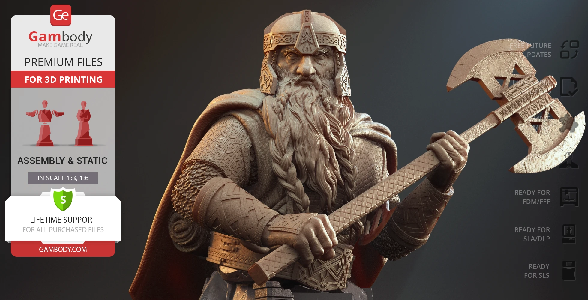 3D printable bust of a bearded warrior with intricate armor, holding an ornate axe.