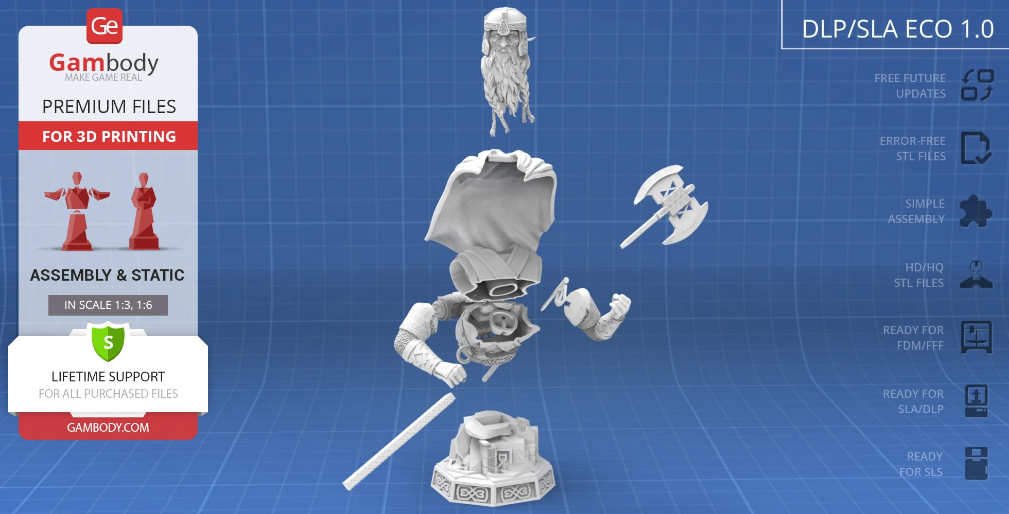A detailed, disassembled 3D model of a bearded figure in armor holding an axe, suited for printing.