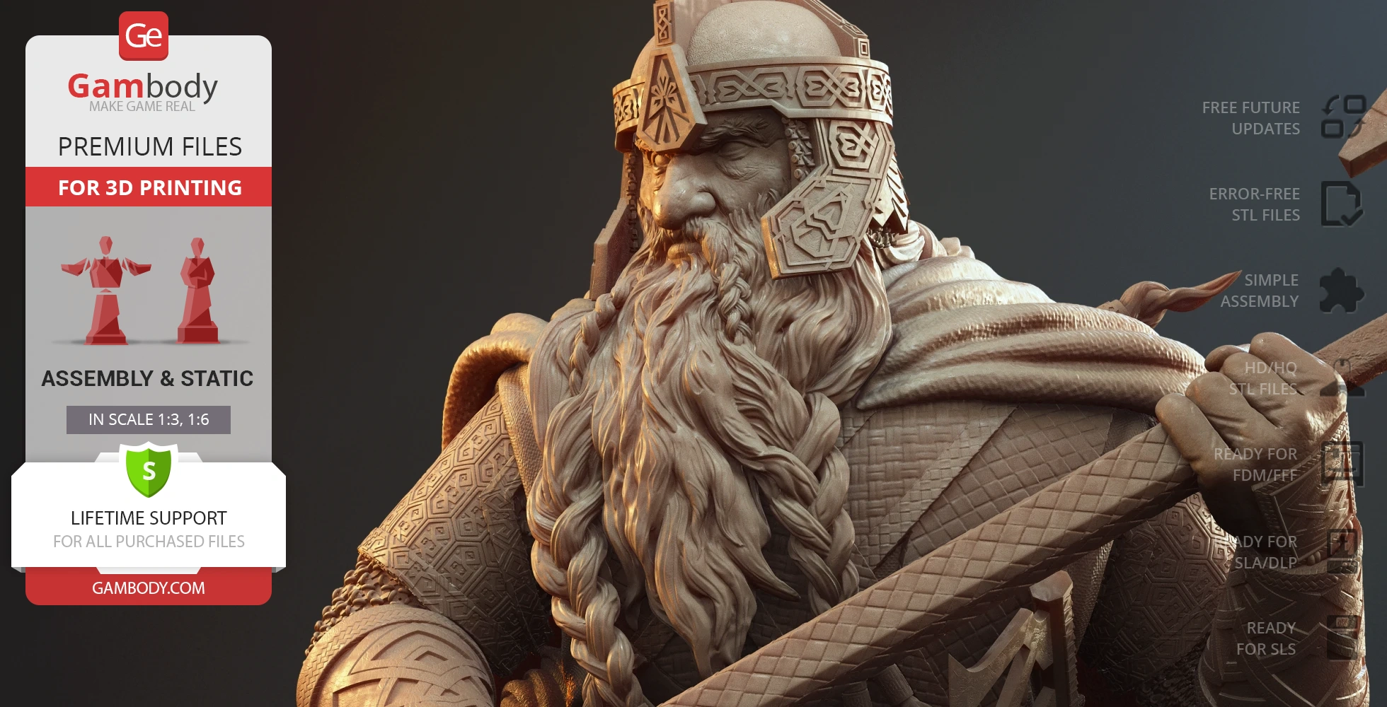 A detailed, bearded dwarf bust with ornate armor and helmet, ready for 3D printing.