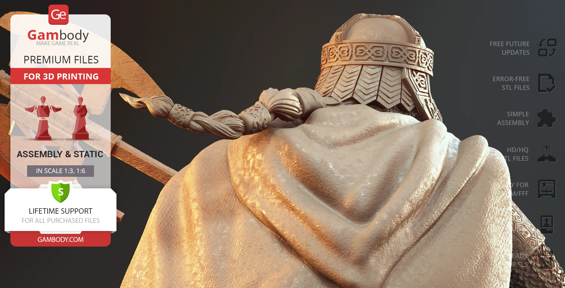Detailed bust of a character in ornate armor and cape, designed for 3D printing.
