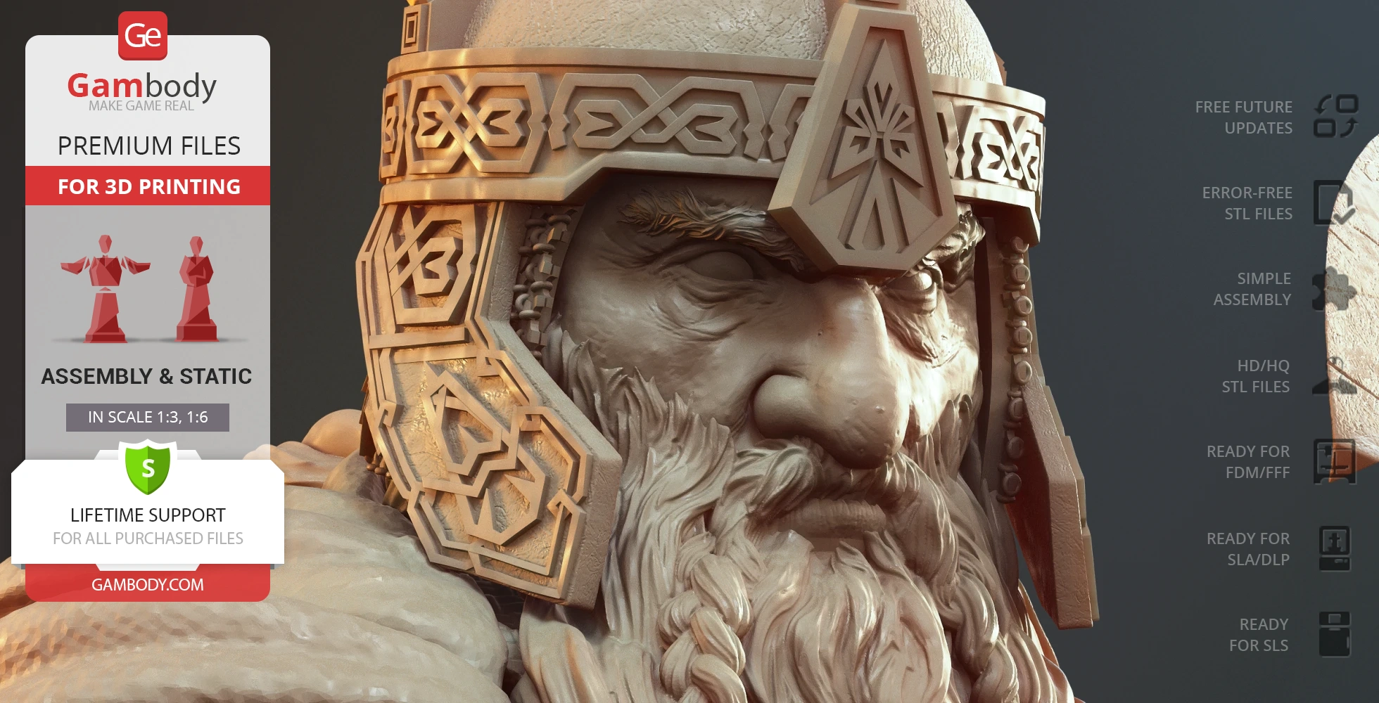 Dwarf warrior bust with ornate helmet and detailed beard, ready for 3D printing from Gambody files.