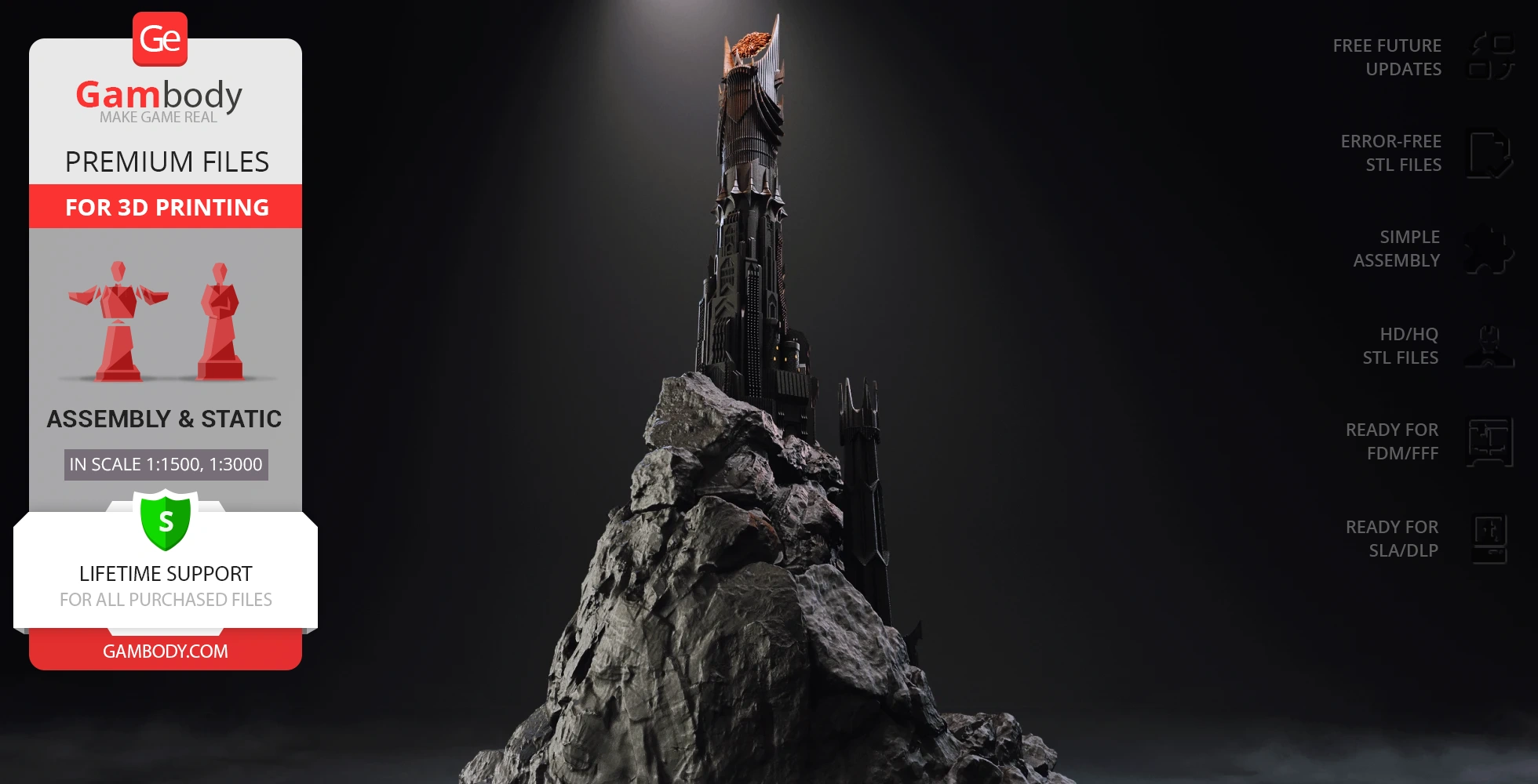 A detailed 3D model of Barad-dûr on a rocky base, suitable for 3D printing.