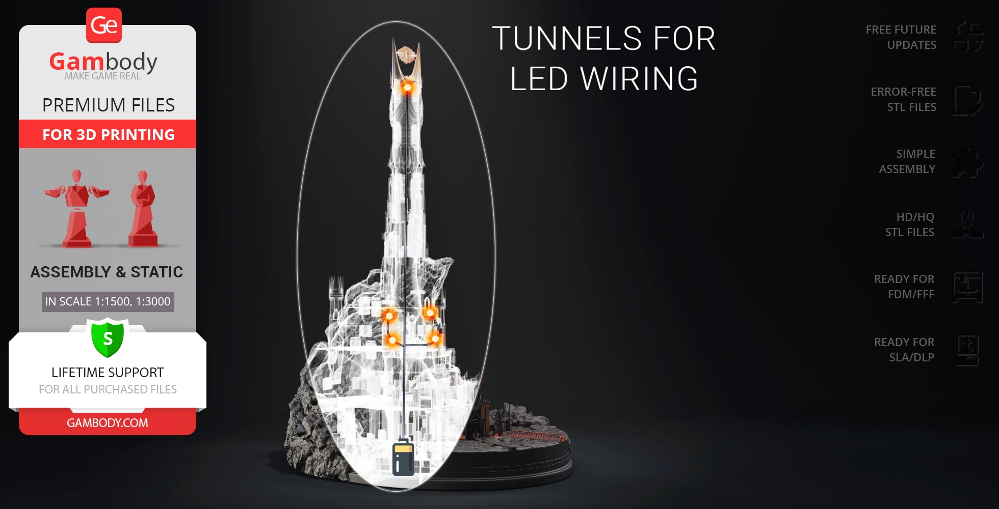 A 3D model of Barad-dûr with LED wiring guides, shown on a circular base for 3D printing, by Gambody.