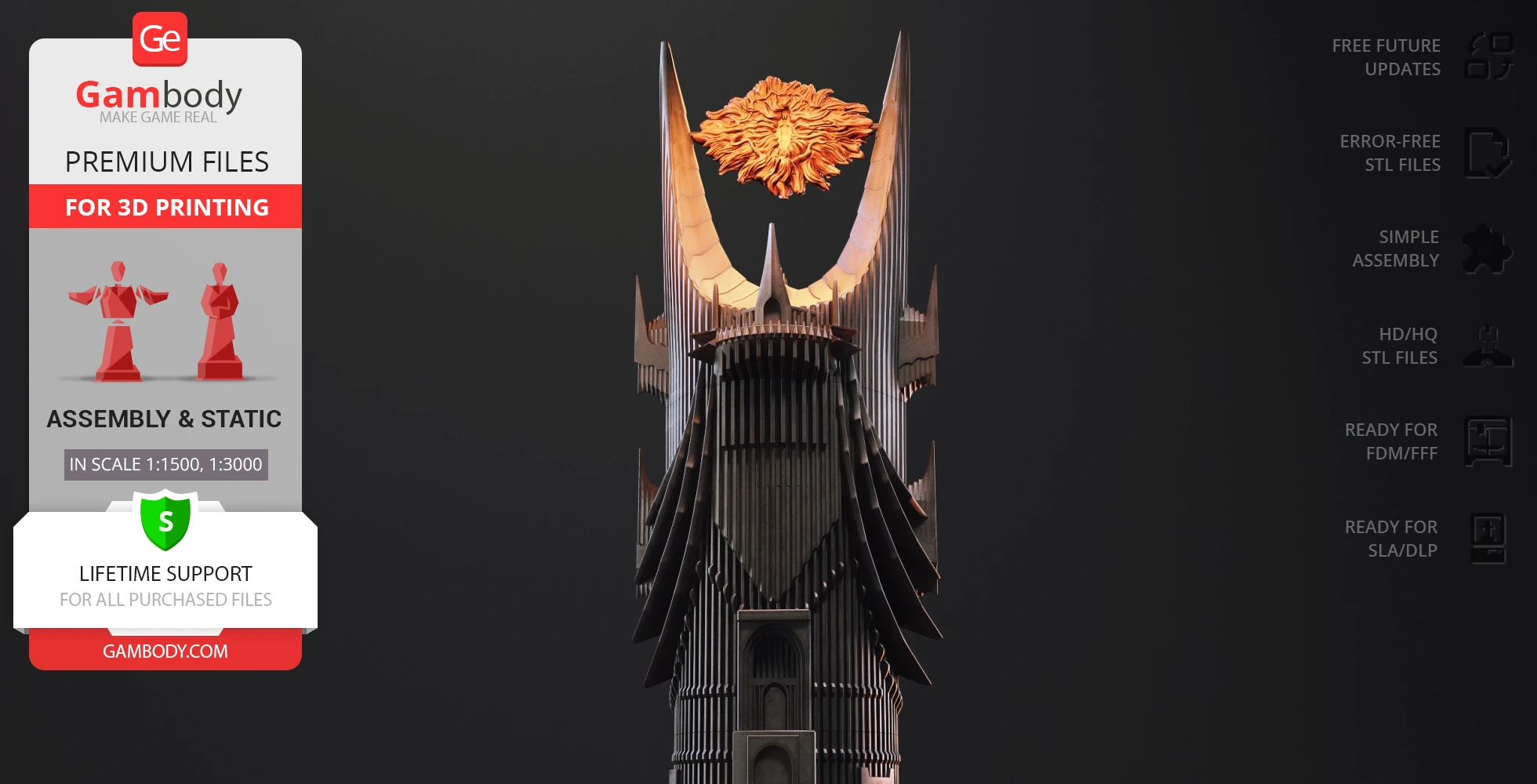 A detailed 3D model of Barad-dûr with the Eye of Sauron glowing at the top, ready for 3D printing.