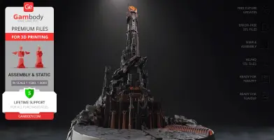 Towering, intricate model of Barad-dûr with orange glow at top, designed for 3D printing.