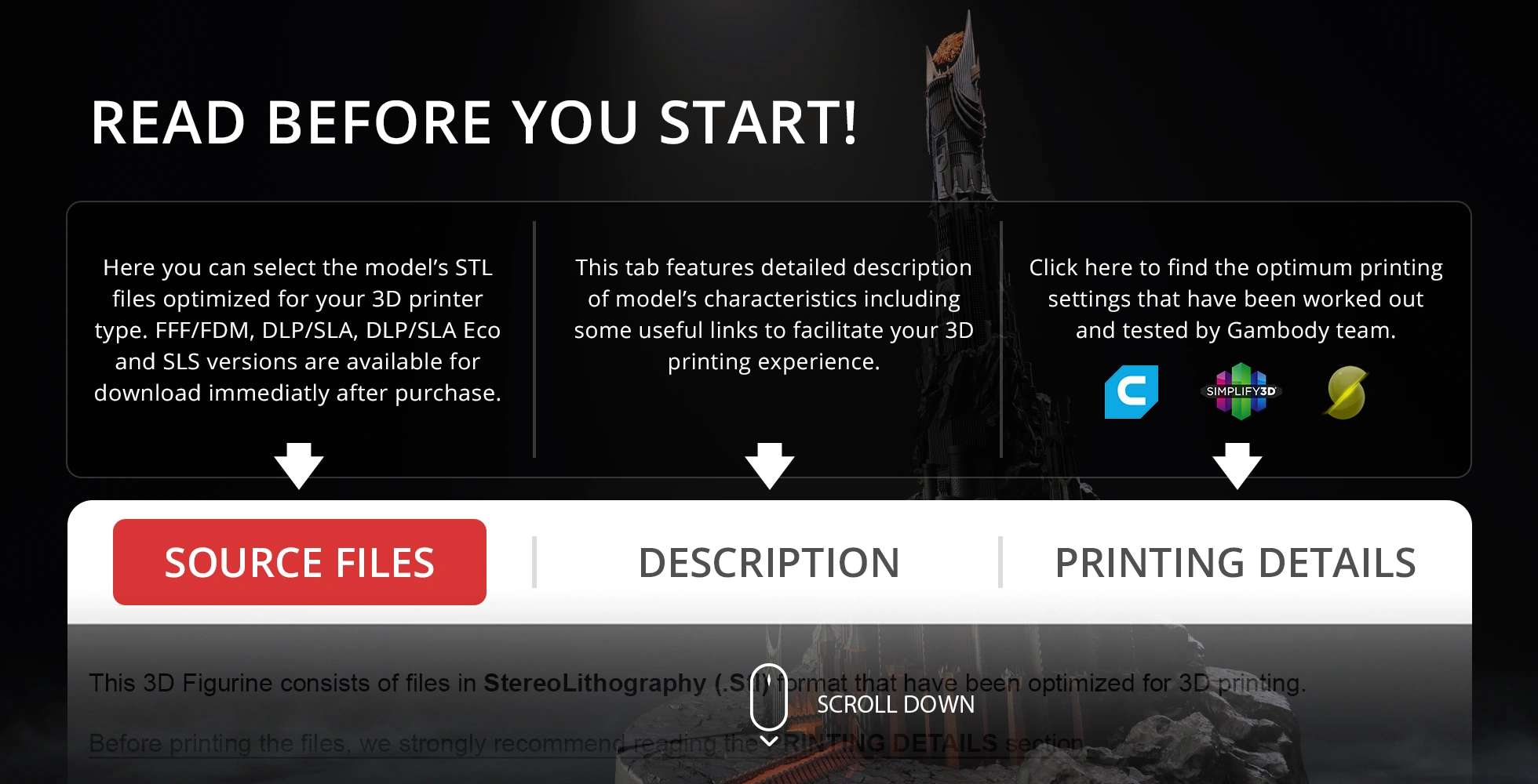 Instructions for 3D printing Barad-dûr model: source files, description, and printing details.
