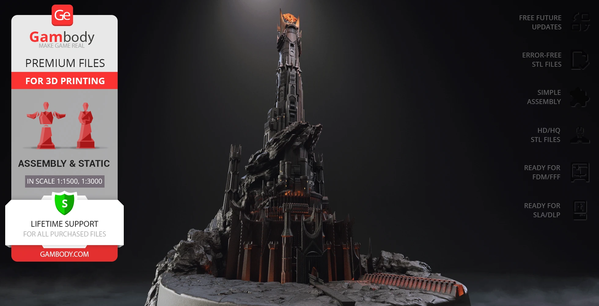 Towering, intricate model of Barad-dûr with orange glow at top, designed for 3D printing.