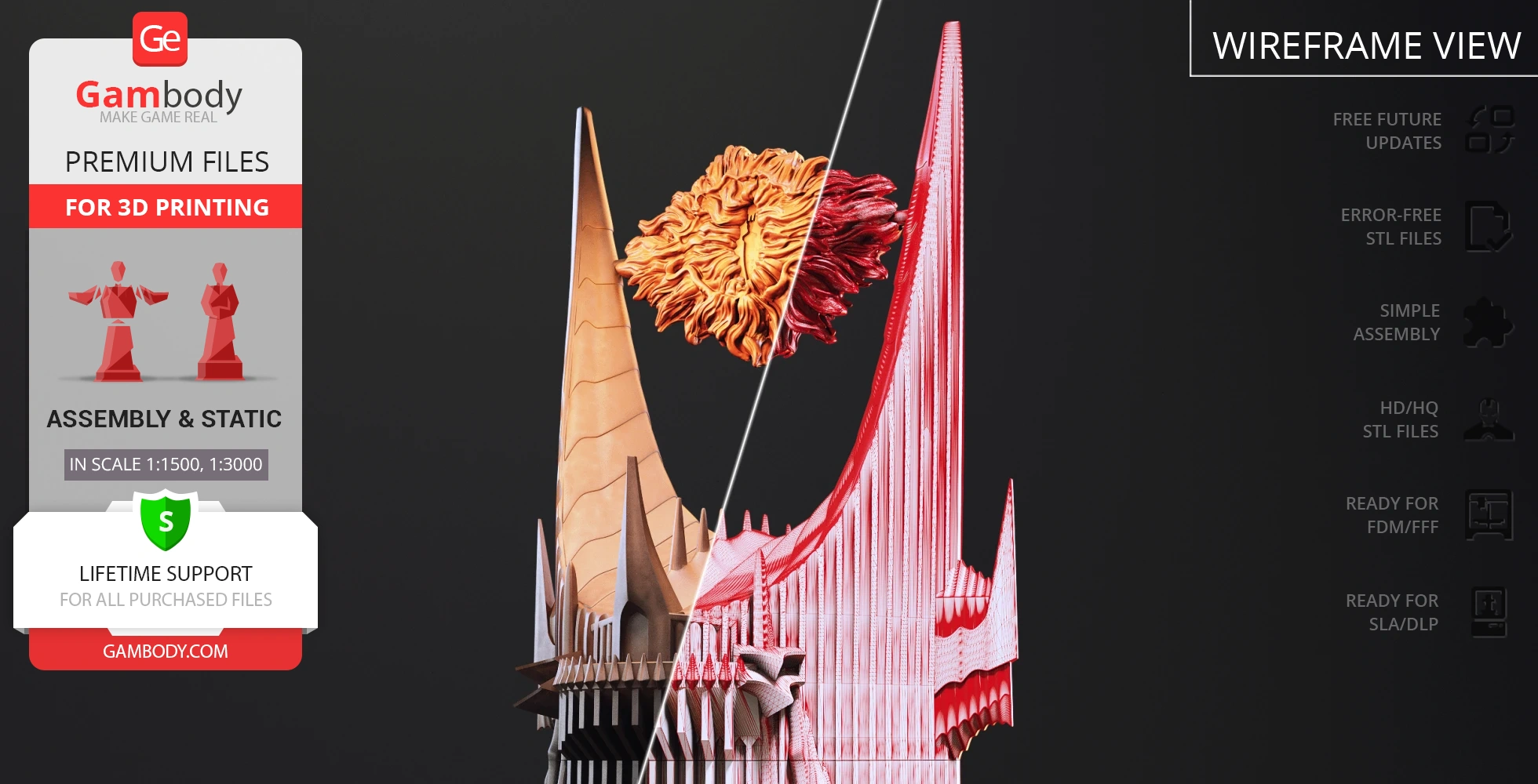 3D model of Barad-dûr for printing, featuring detailed towers and a fiery eye, shown in a split view.