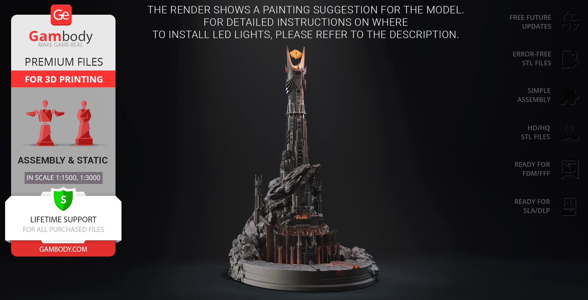 A detailed 3D model of Barad-dûr, a tall, dark tower with intricate architecture, ready for 3D printing.