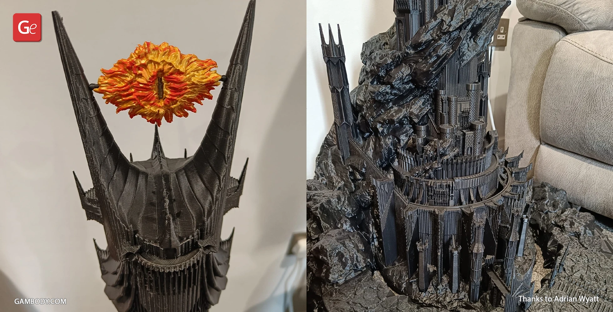 Intricate 3D-printed model of Barad-dûr, featuring dark spires and the Eye of Sauron.