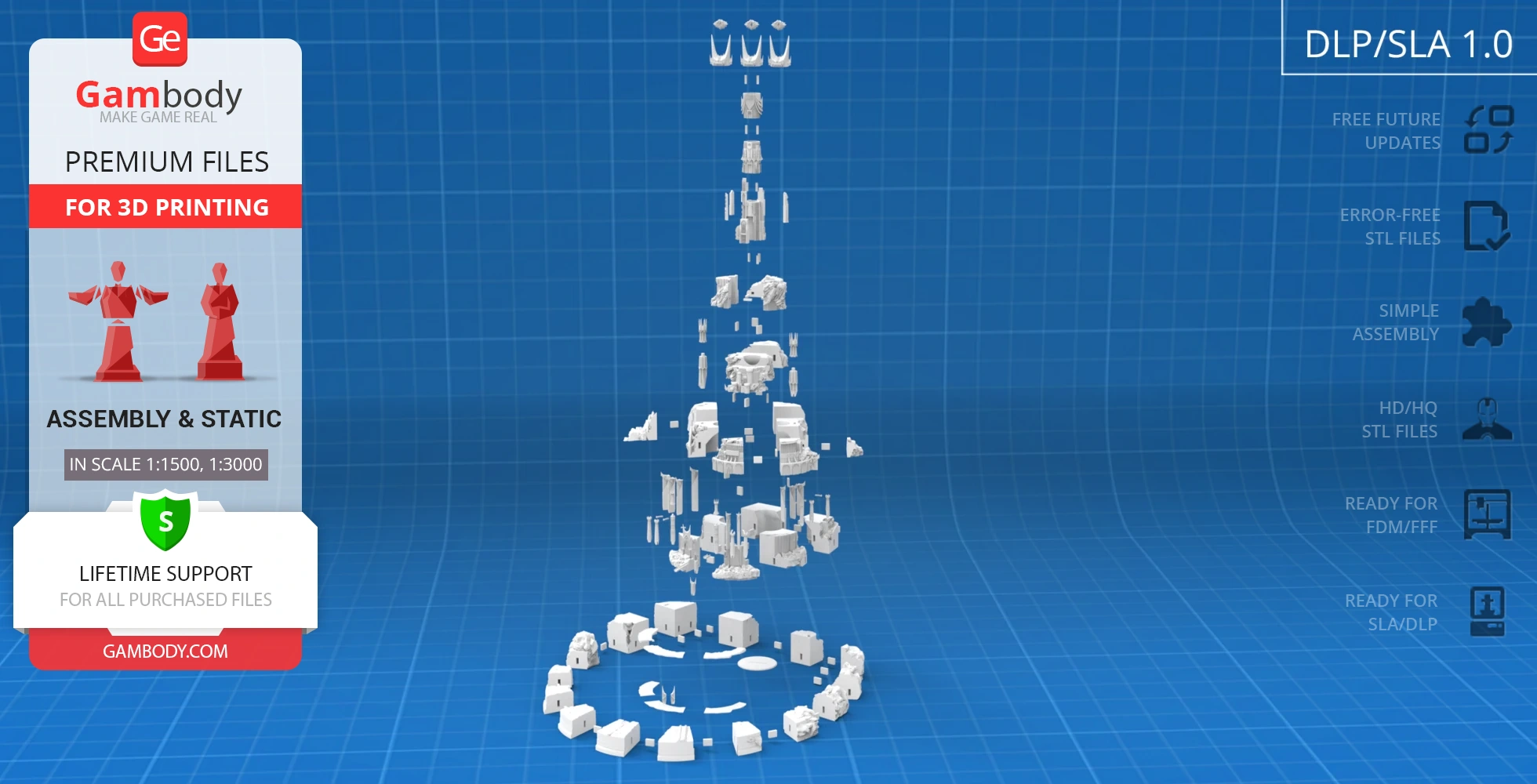 3D model assembly of Barad-dûr parts for printing, displayed on a blue grid background.