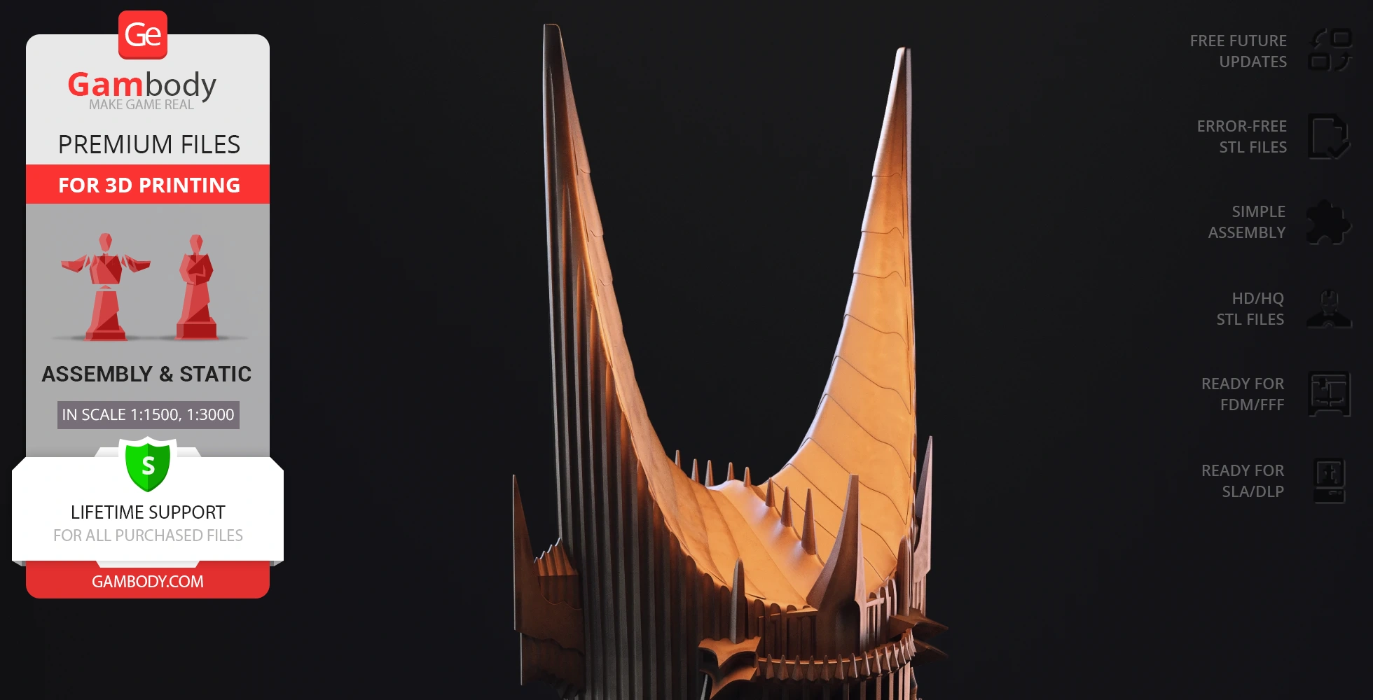A detailed 3D model of Barad-dûr, showing its towering spires and intricate architecture for printing.
