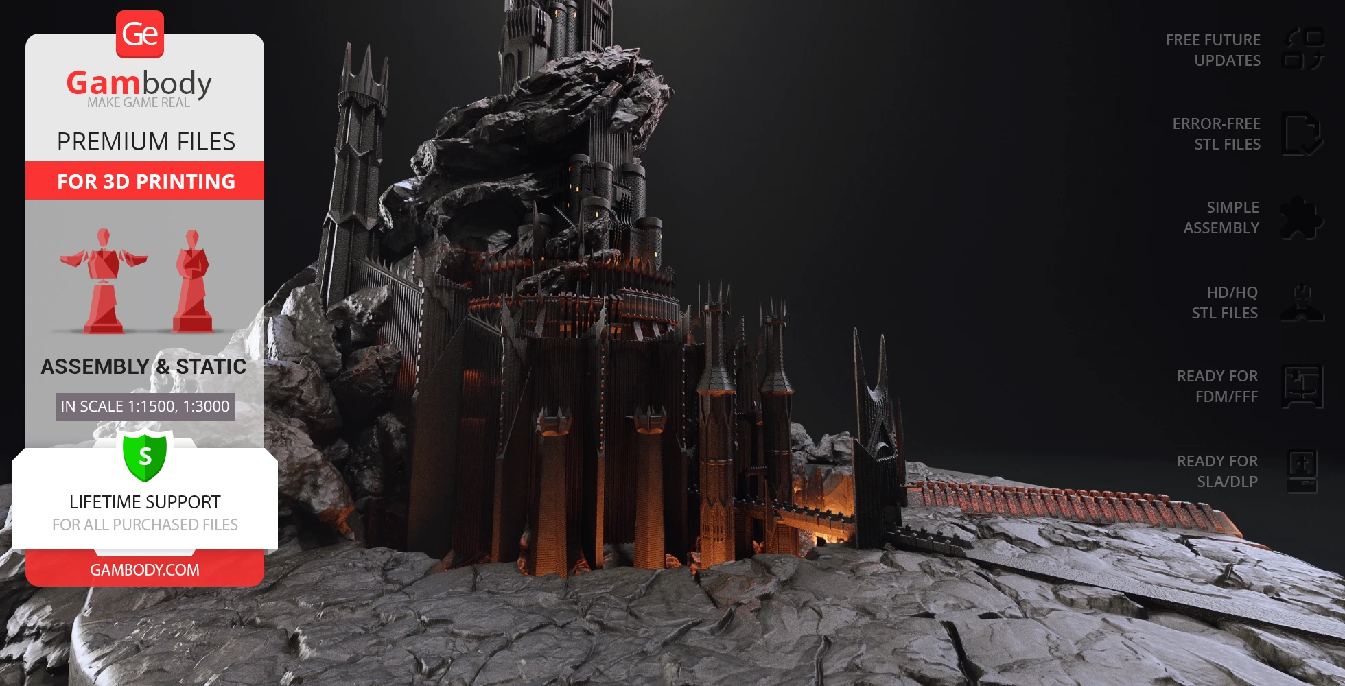 A detailed 3D model of Barad-dûr fortress on rocky terrain, ideal for 3D printing.