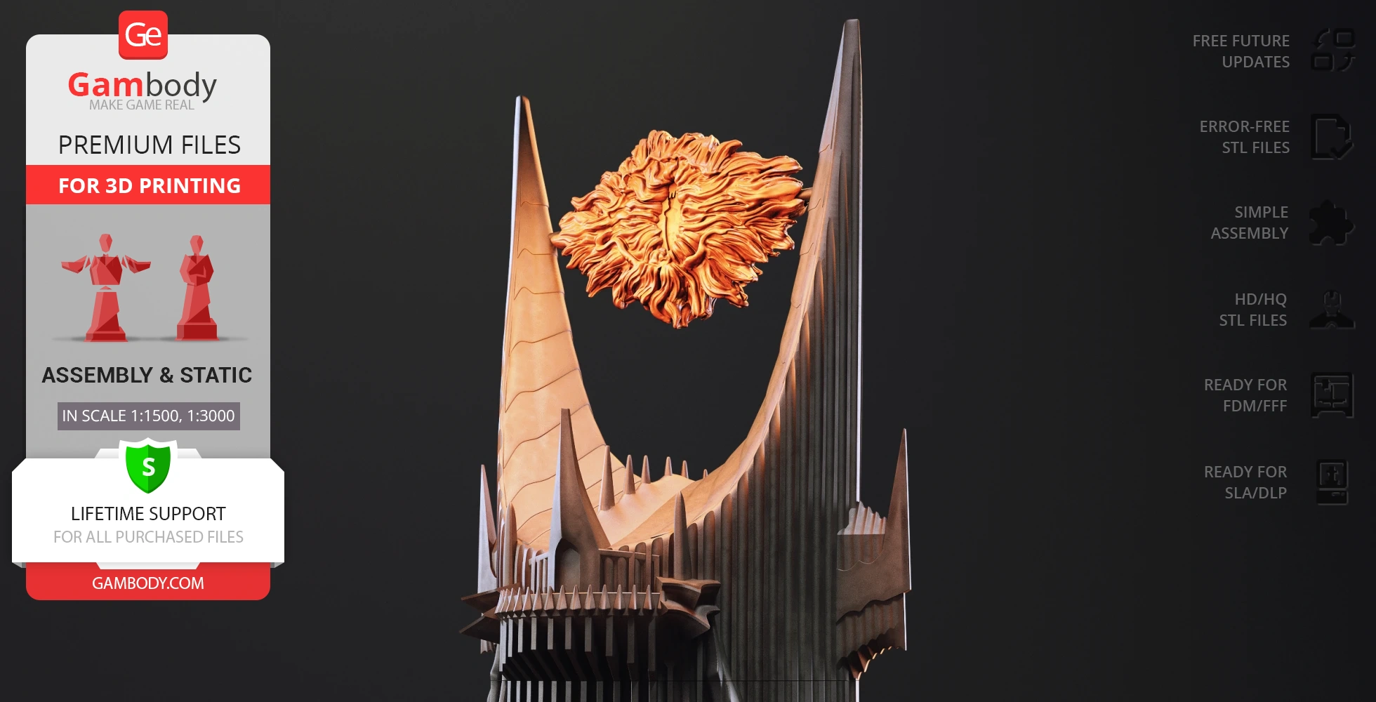 A 3D model of a towering, spiky fortress with an eye-like flame between its peaks.