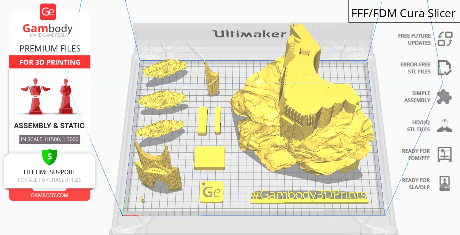 3D model of Barad-dûr pieces displayed in a Cura slicer for 3D printing preparation.
