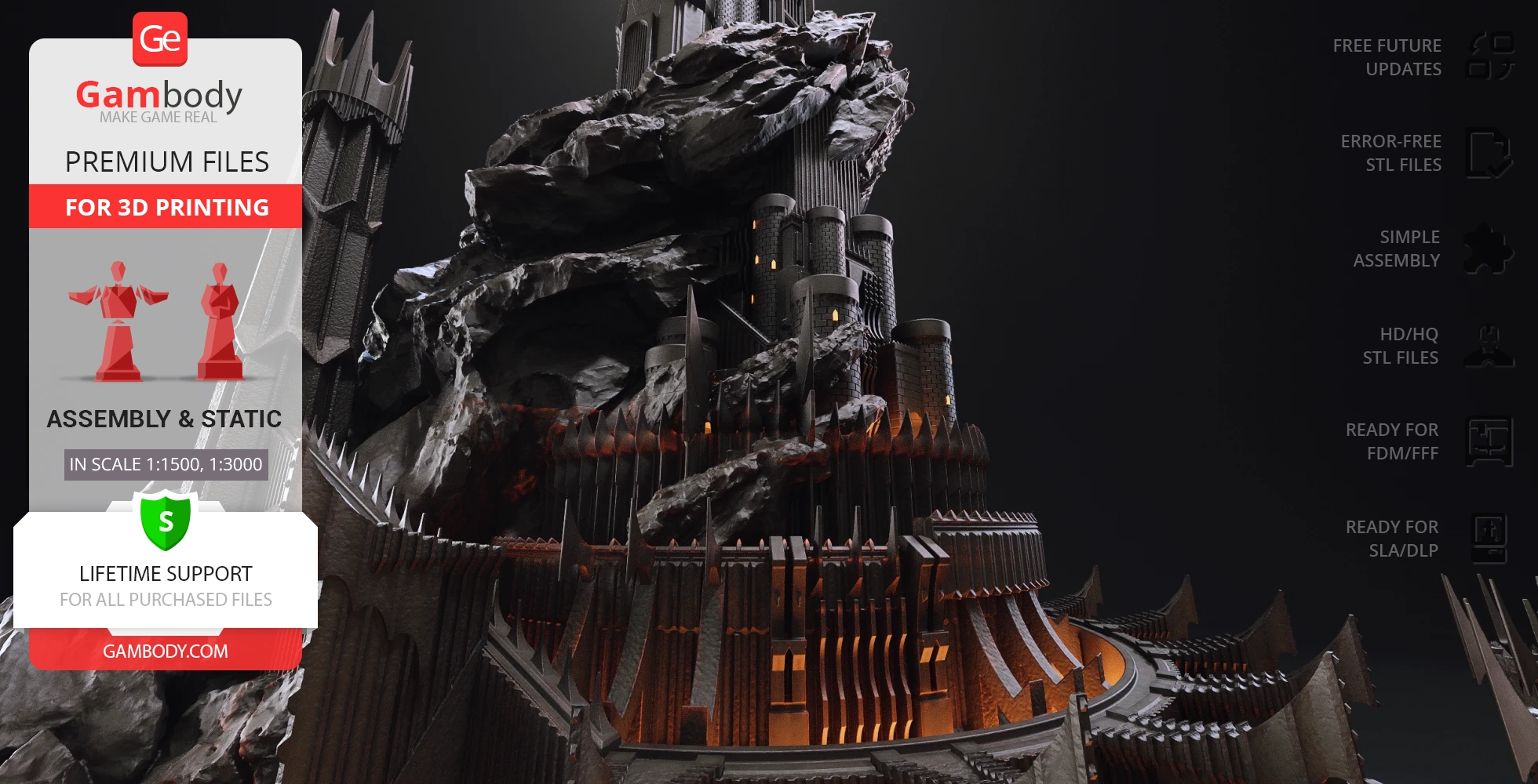 A detailed 3D model of Barad-dûr with dark towers and rocky textures, designed for 3D printing.