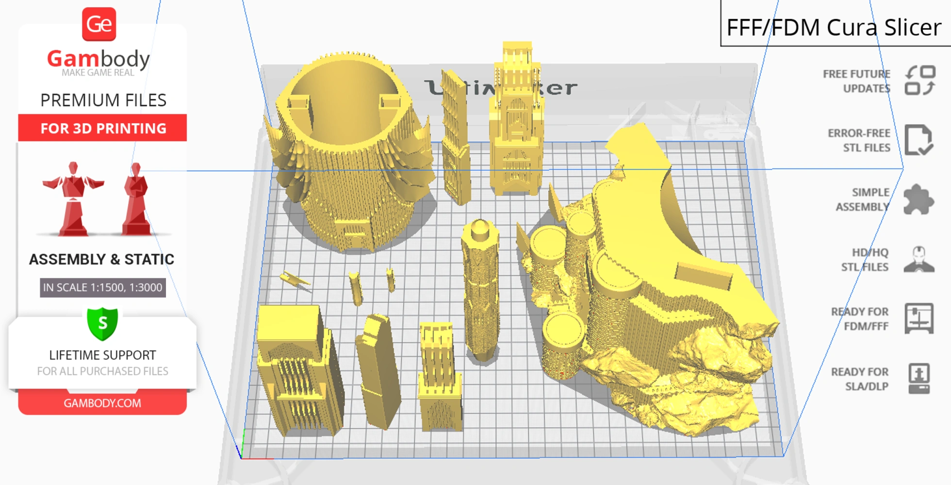 3D model parts for Barad-dûr, ready for printing, arranged on a grid layout in Cura slicer software.