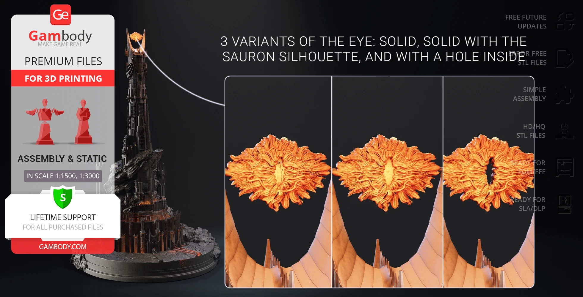 Detailed Barad-dûr tower model with three Eye of Sauron variants for 3D printing display.
