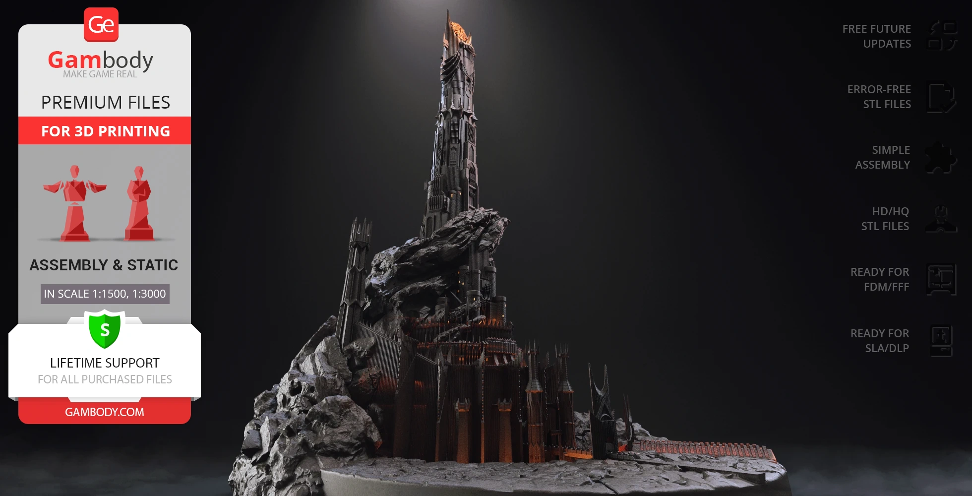 A detailed 3D model of Barad-dûr tower on a rocky base, designed for 3D printing.