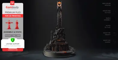 A detailed 3D model of Barad-dûr from Lord of the Rings, featuring the Eye of Sauron atop a dark tower.