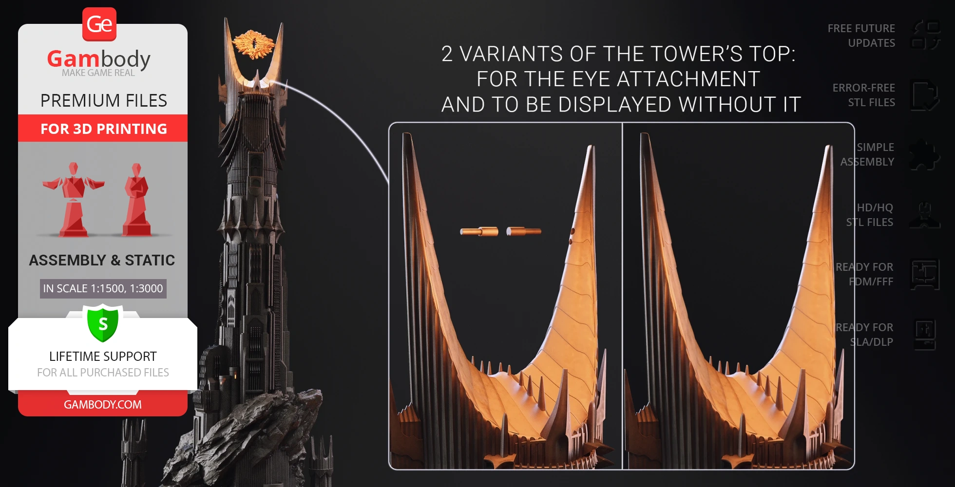 3D model files of Barad-dûr tower with interchangeable top variants for 3D printing, offered by Gambody.