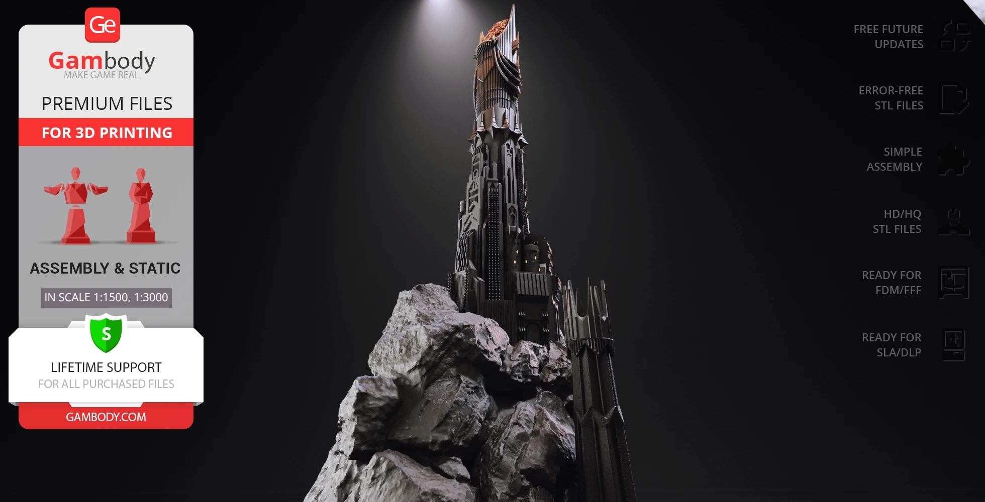 A detailed 3D model of Barad-dûr, a dark, towering fortress on a rocky base, lit from above.