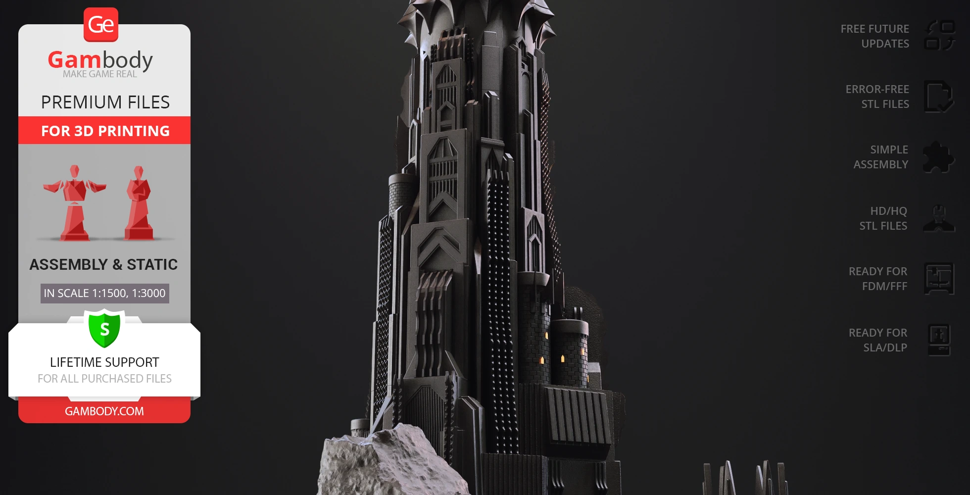Detailed 3D model of Barad-dûr with intricate architecture for 3D printing, featured by Gambody.