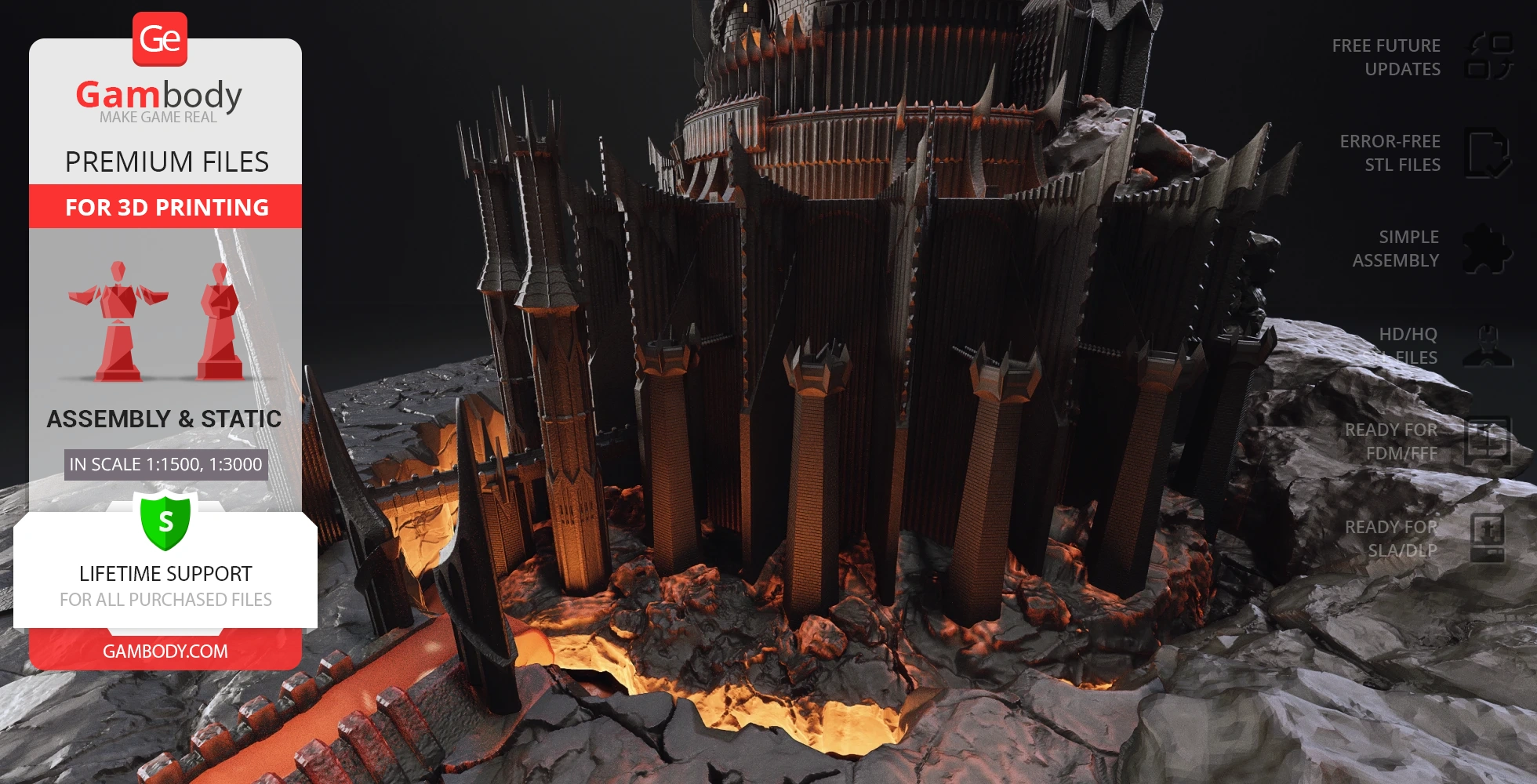 A detailed 3D model of Barad-dûr, featuring dark spires and a rugged base, designed for 3D printing.