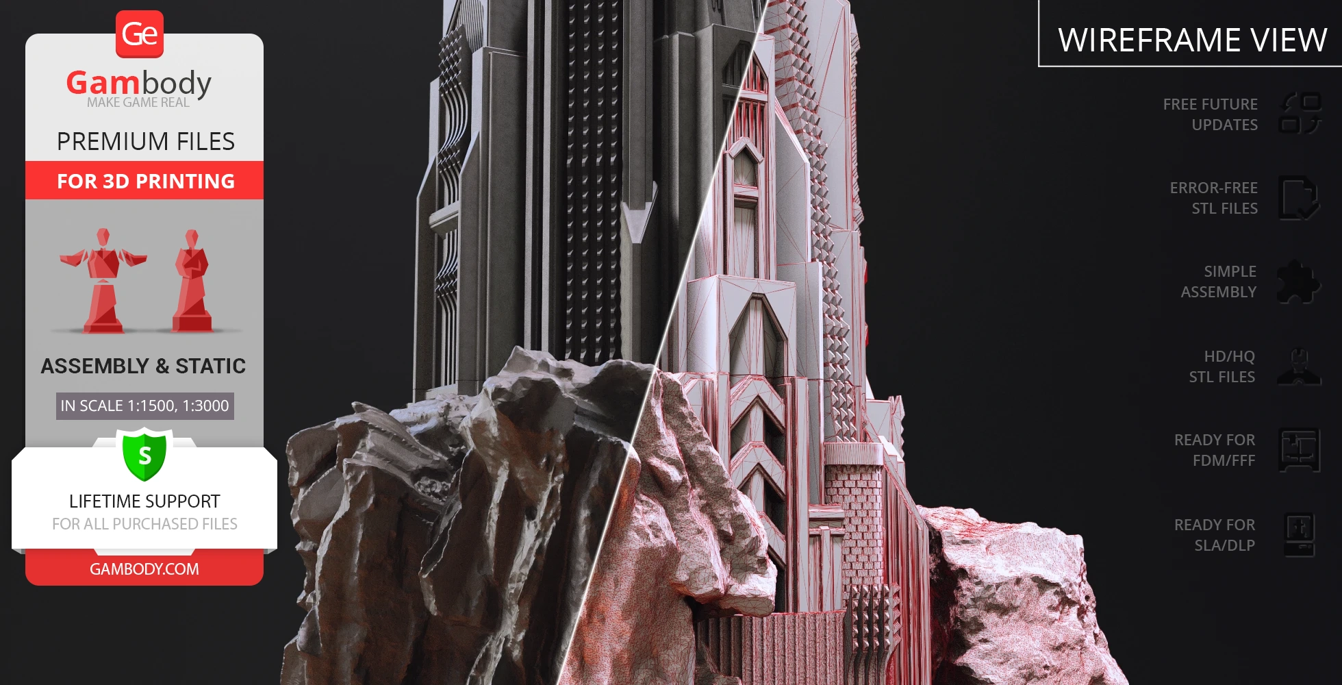 A detailed 3D model of Barad-dûr with a wireframe view, designed for 3D printing.