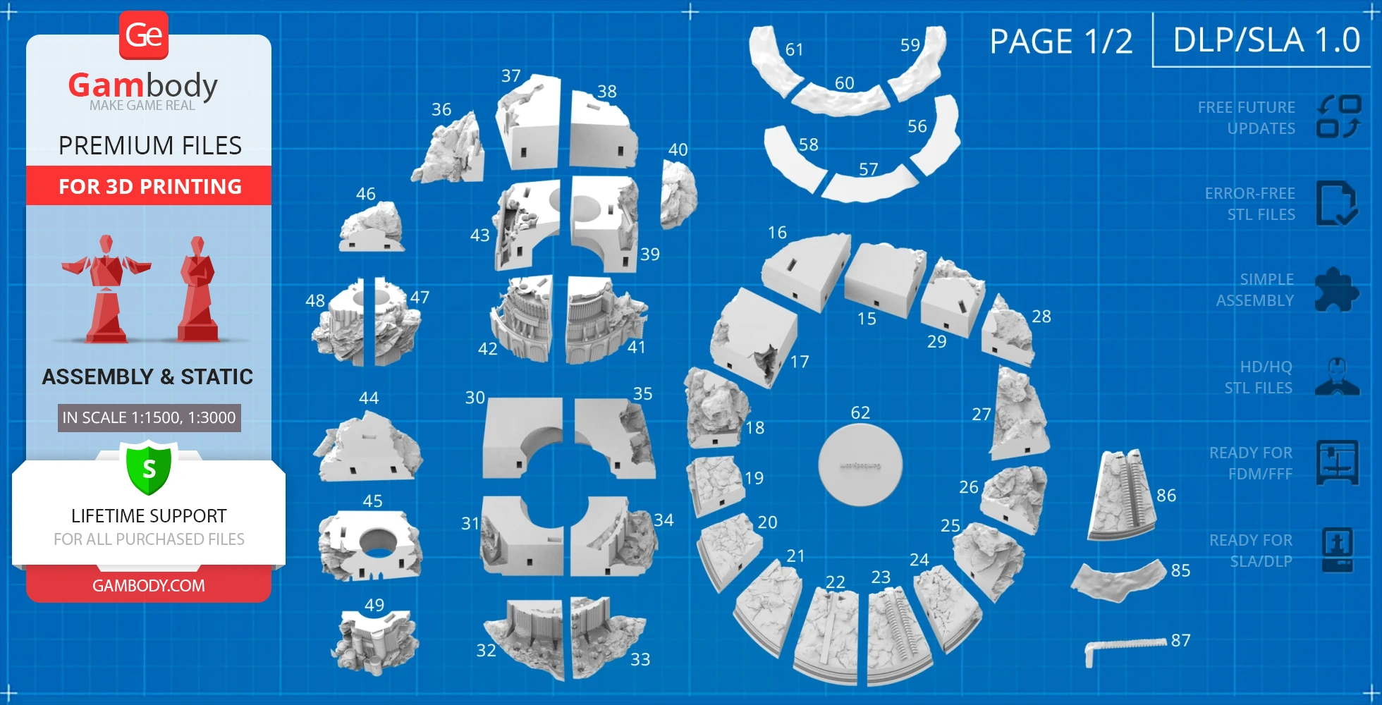 Blueprint showing numbered 3D-printable parts for assembling Barad-dûr model.