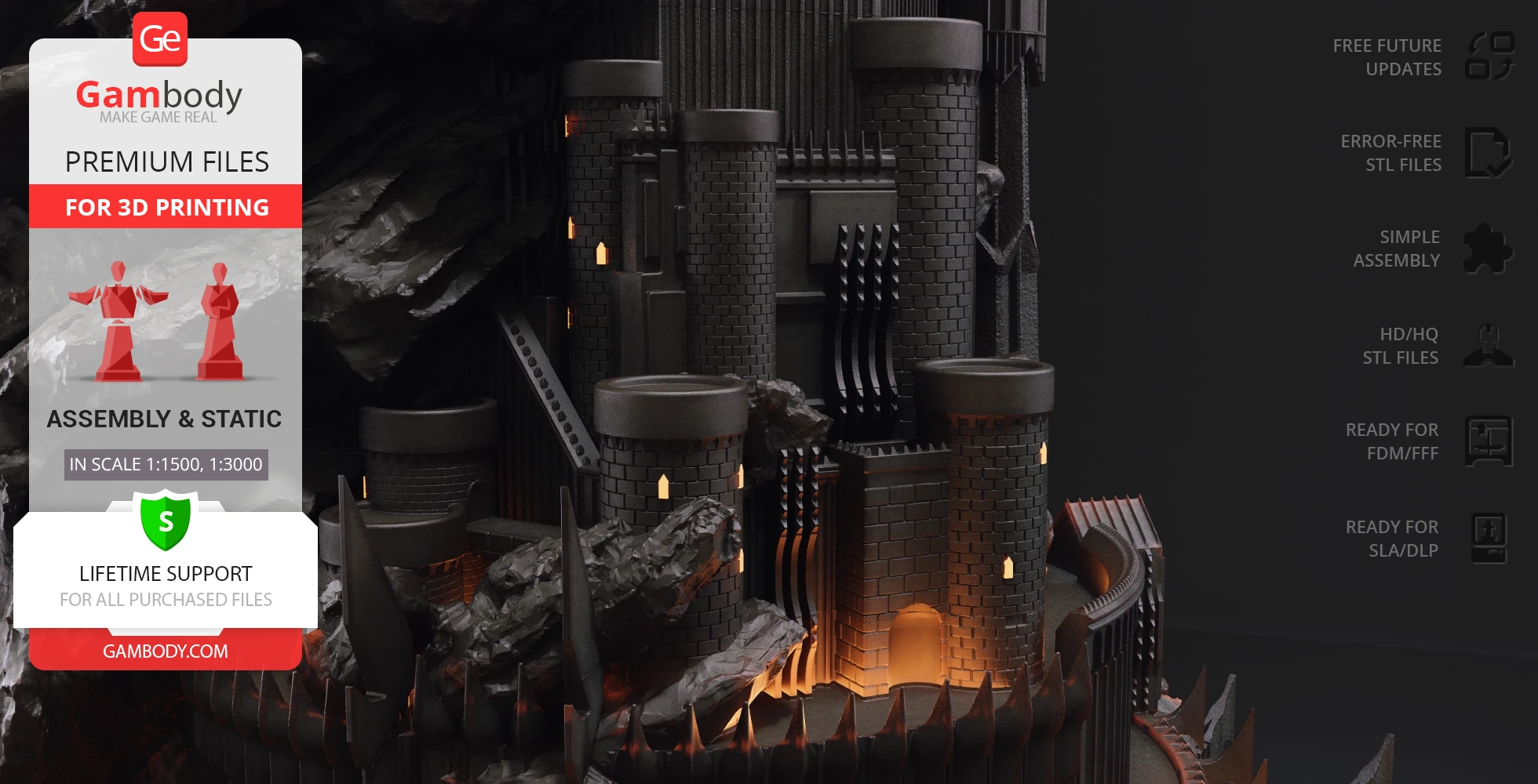 Detailed 3D model of Barad-dûr with illuminated towers and intricate structures for 3D printing.