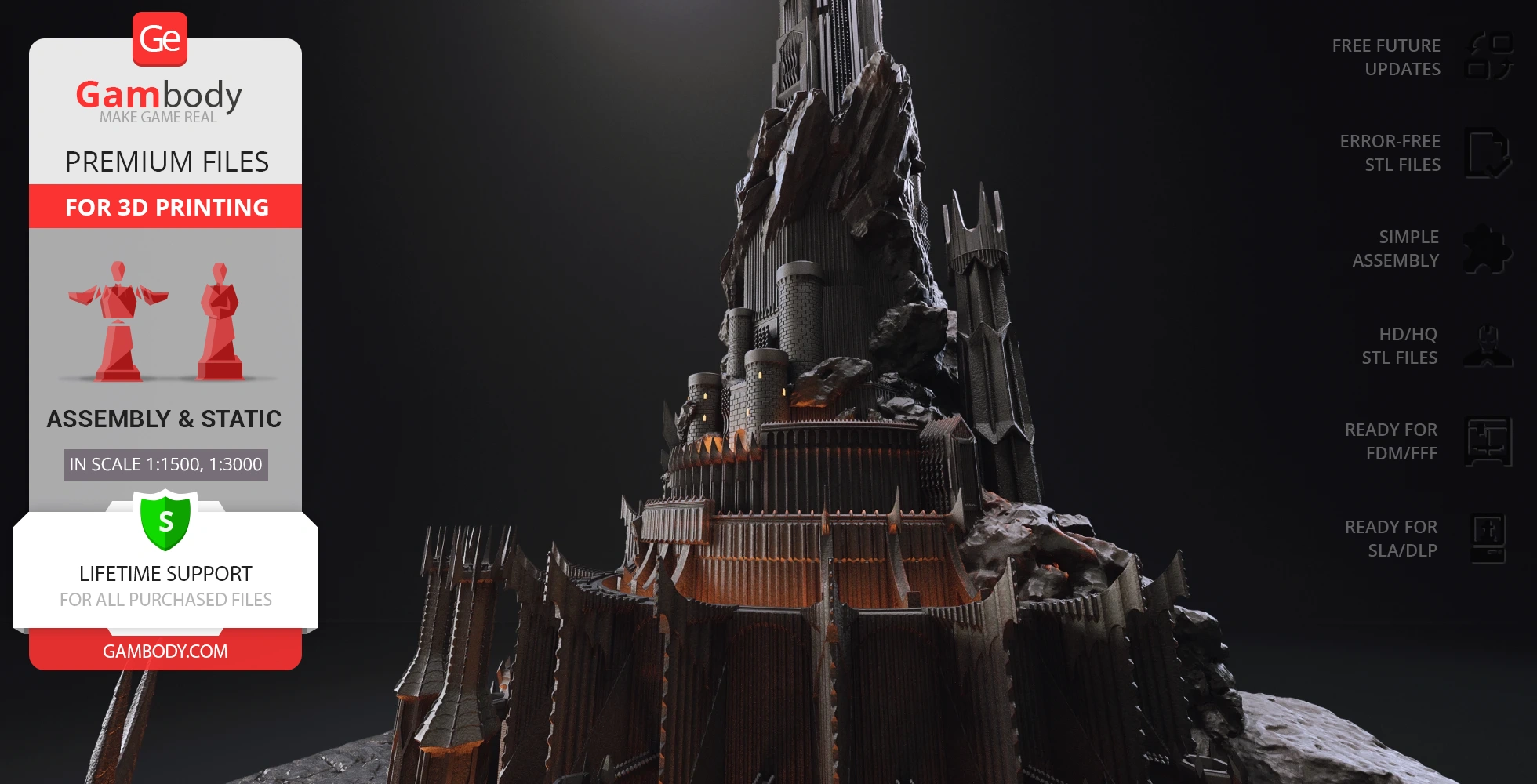 A detailed 3D model of Barad-dûr, a dark, towering fortress, designed for 3D printing.