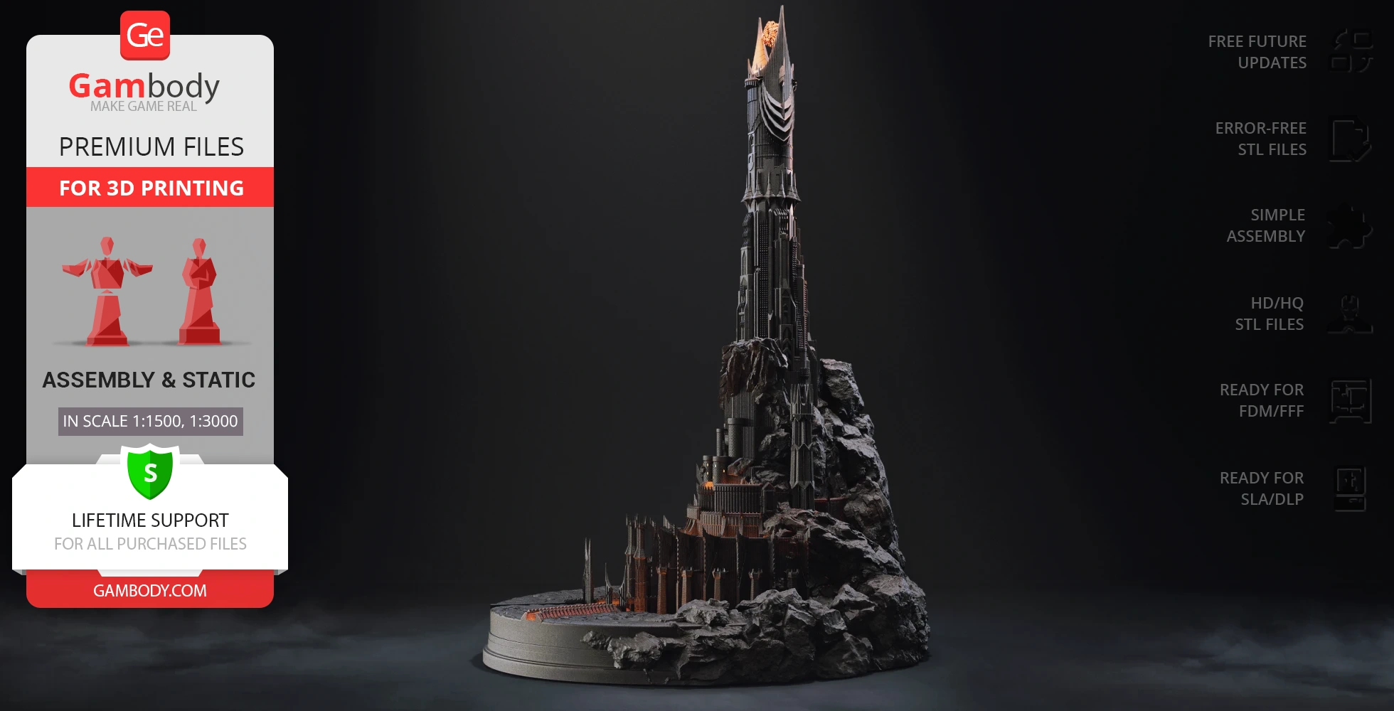 A detailed 3D model of Barad-dûr, a dark tower with rocky base, designed for 3D printing.