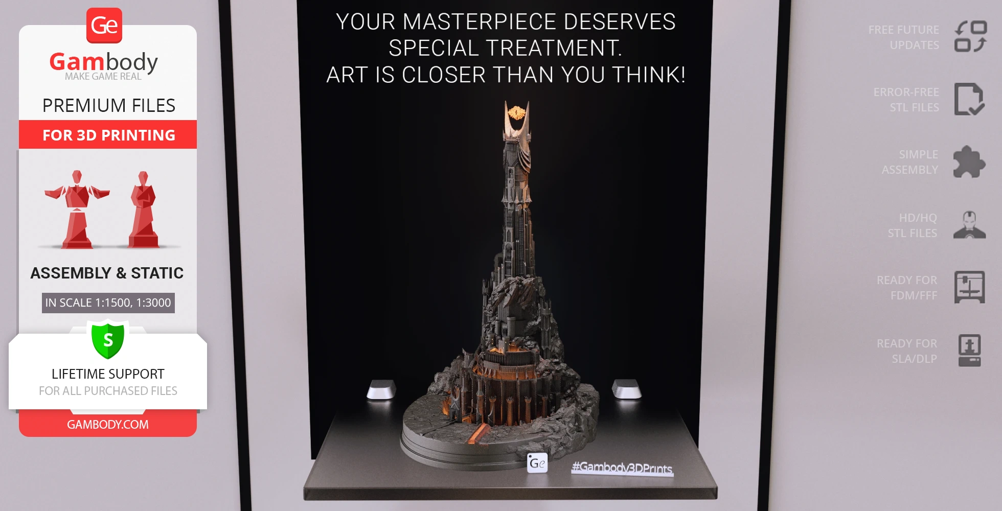 A detailed 3D model of Barad-dûr for printing, featuring a dark, towering structure on a rocky base.