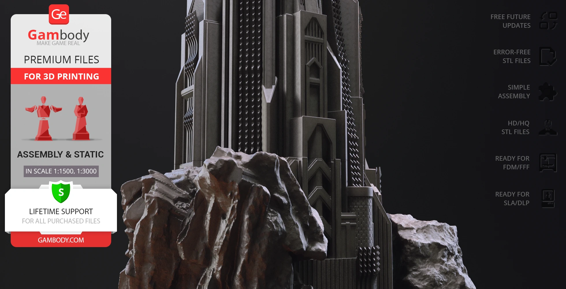 A detailed 3D model of Barad-dûr, featuring dark, intricate architectural elements on a rocky base.