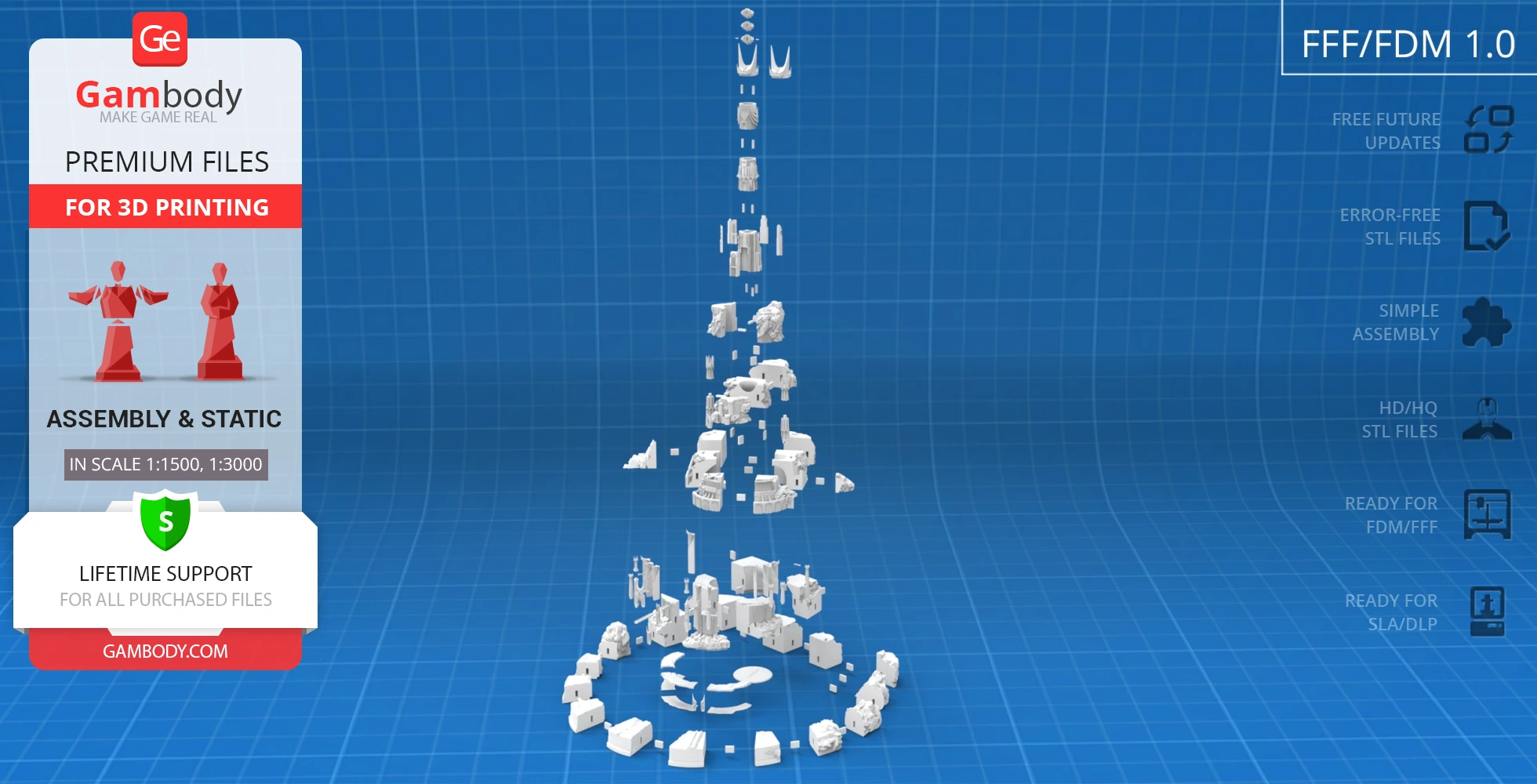 Exploded view of Barad-dûr 3D model parts on blue grid background, showcasing assembly sequence.
