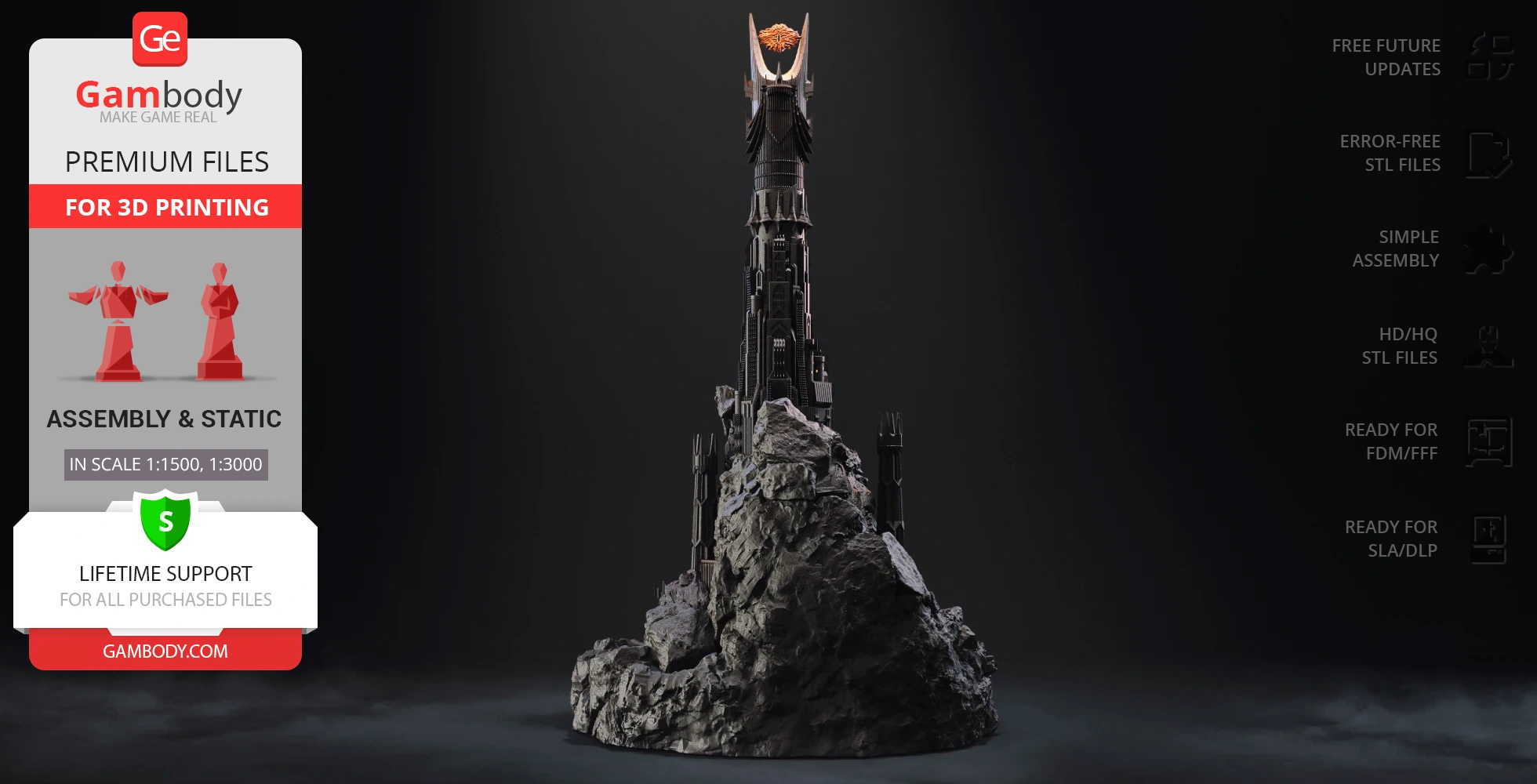 A detailed 3D model of Barad-dûr with the Eye of Sauron, designed for 3D printing.
