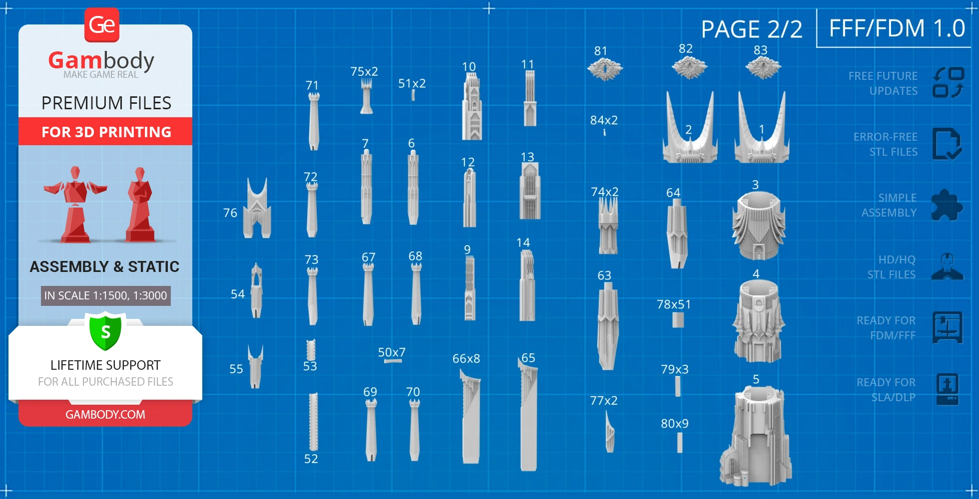 Set of 3D printable parts for Barad-dûr model assembly, displayed on a grid layout.